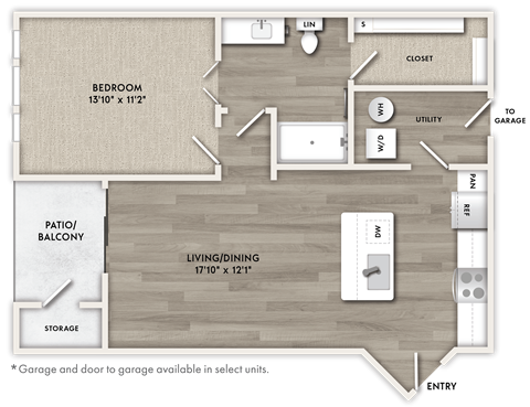 Floor plan for 1 bed, 1 bath, 784 sqft